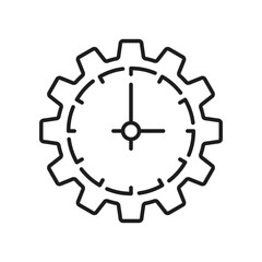 Time management clock gear technology mechanism isolated outline icon. Vector industrial machinery timer, cogwheel clockwork thin line