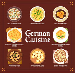 German cuisine menu, Germany food dishes and meals, vector restaurant lunch and dinner. German cuisine food beef stew schnelklops and casserole spaetzle of sausage, apple and cheese streusel cakes