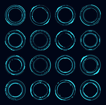 HUD Round Frame Borders, Aim Control Target And Navigation Element, Vector Circles. HUD Futuristic Technology Or Sci Fi Game Interface Of Digital Holograms Or Circle Frames And Virtual Round Controls