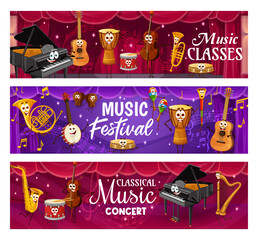 Cartoon musical instrument characters. Live music festival, party and concert banners with vector piano, guitar, drums and saxophone, violin, harp, trumpet and banjo personages, happy faces and notes