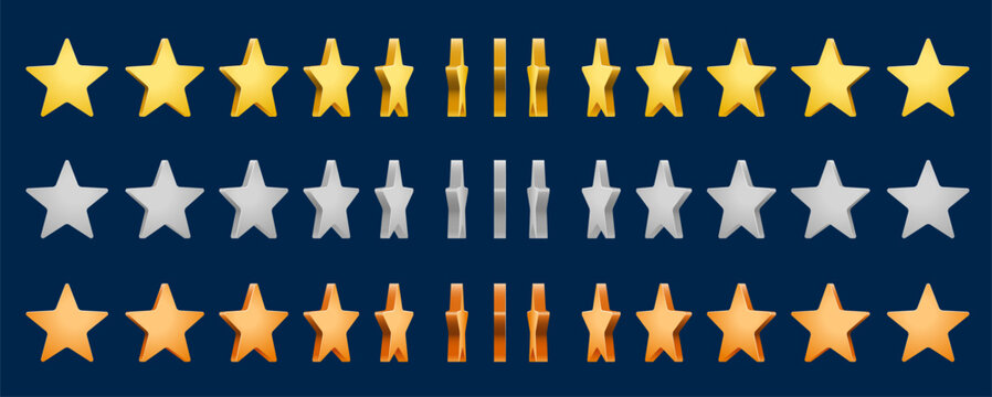 Golden, Silver And Bronze Star Rotate Animation. Animated Game Sprite Sheet, Frame Sequence Of Vector 3d Rate, Score Or Bonus Stars Rotation Motion. Video Game Ui Assets, Glossy Metal Awards Or Medals