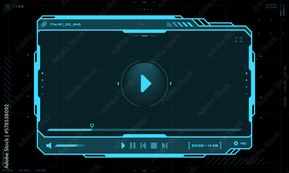 Poster HUD video player screen interface and UI frame, vector futuristic template for live stream play. HUD video player hologram screen with buttons overlay, web movie or online video stream window panel