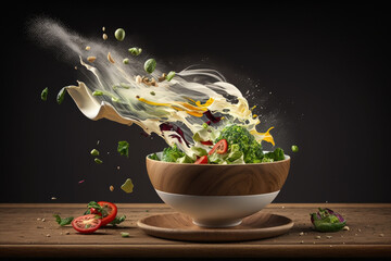 a salad is being tossed in the air with a splash of dressing on top of the salad in a white bowl on a wooden table, generative AI