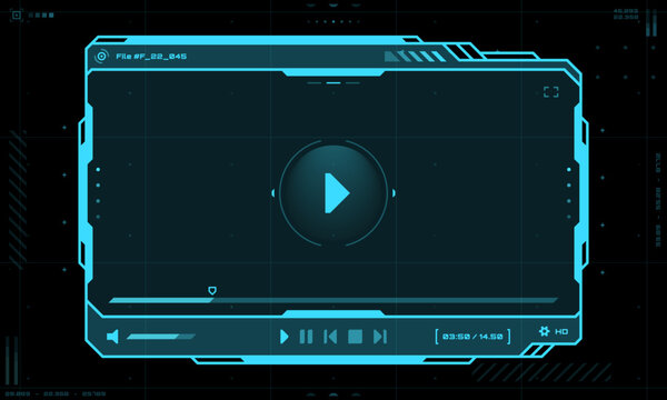 HUD video player screen interface and UI frame, vector futuristic template for live stream play. HUD video player hologram screen with buttons overlay, web movie or online video stream window panel