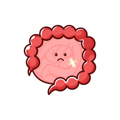 Cartoon sick intestines organ character with vector colon and guts, digestive system organ personage or human anatomy emoticon. Small and large bowel or intestines with sad face and bandage plaster