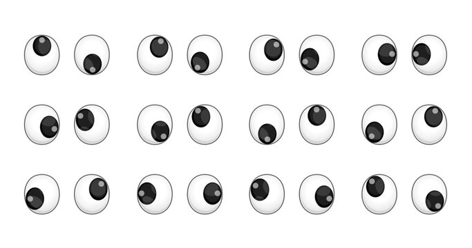 Plastic wobbly animated puppet toy eyes, vector cartoon character face eyeballs. Googly wobbly eyes of doll or puppet toy looking up and down, animated crazy eyes with funny comic facial expression