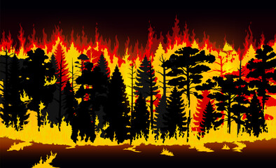 Forest fire, burning trees and grass. Vector wildfire, cartoon natural disaster of flaming trees, plants and bushes with smoke clouds and fire flames. Wildfire background, forest fire nature landscape