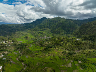 Aerial drone of agricultural land and Rice terraces in the mountains. Philippines. Luzon.