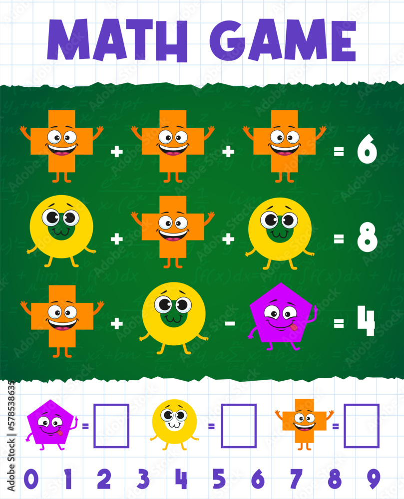 Poster math shape characters. math game worksheet. vector mathematics riddle for children education and lea