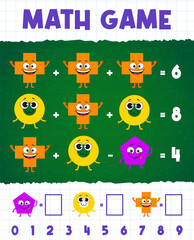 Math shape characters. Math game worksheet. Vector mathematics riddle for children education and learning arithmetic equations with funny cross, ring and pentahedron personages on blackboard field