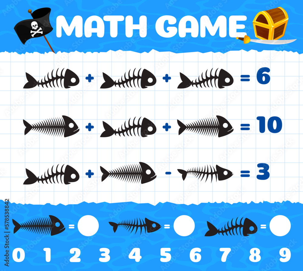 Poster pirates, fish bone or fishbone skeletons math game worksheet. vector mathematics riddle for children
