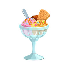 Cartoon ice cream sundae dessert food in glass cup. Vector scoops of chocolate, strawberry and vanilla ice cream balls in bowl with waffle, caramel, sprinkles and spoon. Frozen yogurt, gelato dessert