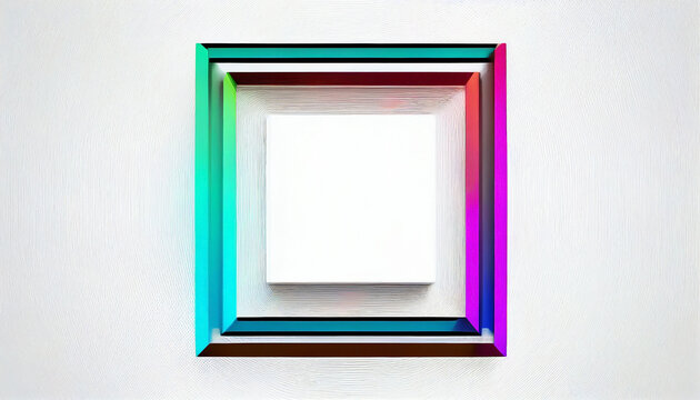 Minimalistic neon geometric shape with a square in the center of the frame on a white background. Very bright square frame with fluorescent colors with a wide chromatic range. Ai generated
