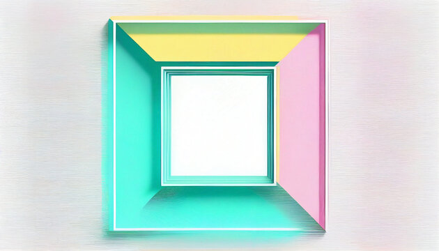 Pink, green and yellow minimalistic neon geometric shape with a square in the center of the frame on a white background. Very bright square frame with fluorescent colors. Ai generated