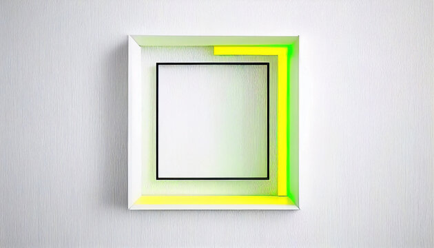 Very bright square frame with fluorescent colors with a wide chromatic range. Copy-space minimalistic neon geometric shape with a square in the center of the frame on a white background. Ai generated