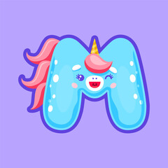 M letter of unicorn alphabet sign, magic typeface kawaii animal in wig. Vector ABC sign, isolated English or Latin girls alphabet character
