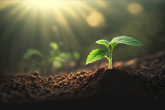 developing plant, young plant with ground backdrop and dawn light, New life idea. Springtime sees little plants on the ground. fresh,seed, image with a modern agricultural theme. Generative AI