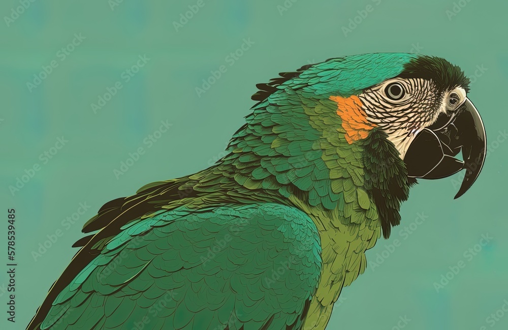 Poster head picture side view of turquoise-fronted amazon against green pastel backdrop generative ai