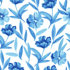 Fototapeta na wymiar Seamless pattern with blue flowers and leaves in watercolor style for wedding invitations, greeting cards and fabric