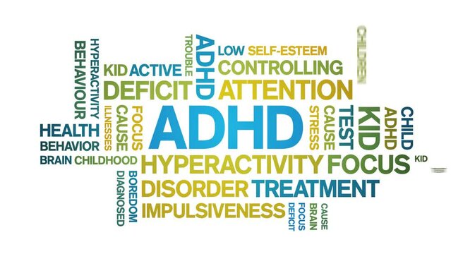 ADHD animated tag word cloud;Attention Deficit Hyperactivity Disorder design kinetic typography seamless loop.
