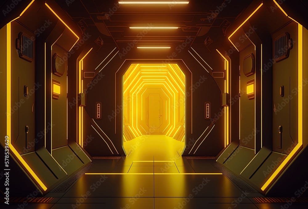 Poster abstract backdrop artwork of a yellow neon light laser shining along a spacecraft corridor leading t