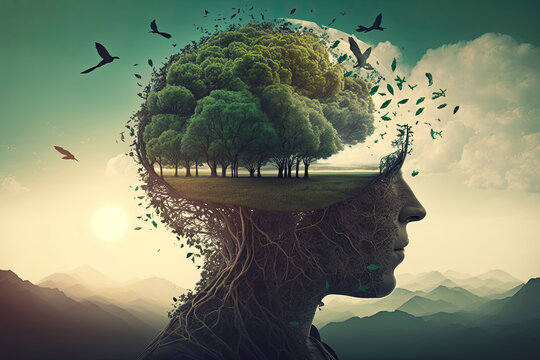 Double exposure woman profile and nature mental health earth day therapy anxiety awareness illustration