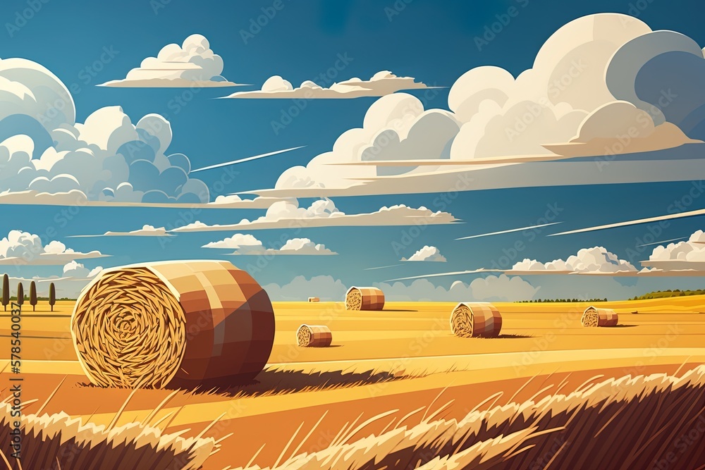 Poster sunny with a few clouds; a grain field after harvest. generative ai