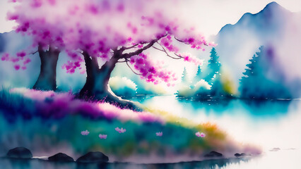 Natural landscape with cherry blossoms, digital illustration, generated by AI