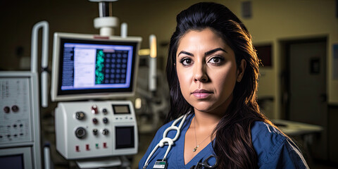 Latino woman nurse in hospital, wide, copyspace. Generative AI