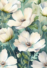 White anemone floral abstract pattern. Artistic drawn bright flowers and buds field painting. AI generated creative decorative floral watercolor vertical poster.