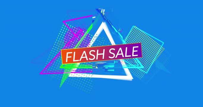 Animation of flash sale text and abstract neon shapes on blue background