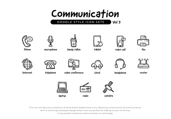 doodle communication outline icon set including phone, handy talkie, classic telephone, tablet, video call, fax, internet, video conference, headphone, router, radio, satellite, laptop and cloud © Abdie