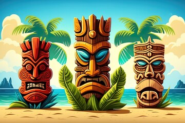 Tiki masks and hawaiian totem poles on the beach. Generative AI - obrazy, fototapety, plakaty