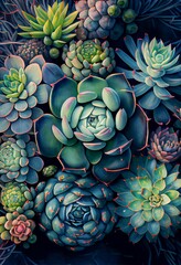 Succulent plants abstract pattern. Artistic drawn bright flowers and buds painting. AI generated creative decorative floral green realistic vertical poster.