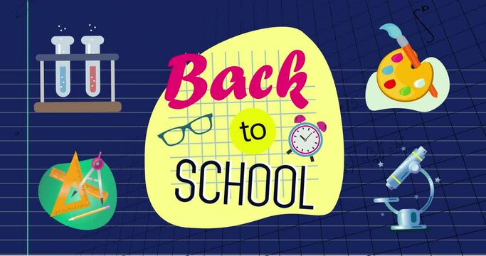 Animation of back to school text and school items icons over mathematical equations