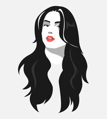 Monochrome portrait of a beautiful woman with long wavy hair. red lips. beauty concept, woman, hairstyle. suitable for print, sticker, poster, and more. vector illustration.