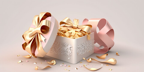 3D gift box, gold ribbon bow on white pastel background. Present mockup for cosmetic product . Realistic gift with confetti . Copy space banner Birthday, valentine or Christmas 3d render