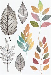 Fototapeta premium Tree leaves watercolor pattern on white background. Artistic drawn pastel botanical plants painting. AI generated creative decorative floral vertical poster.