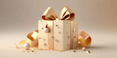 3D gift box, gold ribbon bow on beige pastel background. Present mockup for cosmetic product . Realistic gift with confetti . Copy space banner Birthday, valentine or Christmas 3d render
