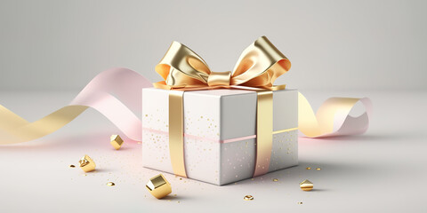 3D gift box, gold ribbon bow on white pastel background. Present mockup for cosmetic product . Realistic gift with confetti . Copy space banner Birthday, valentine or Christmas 3d render