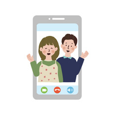 スマホでビデオ通話をする人　夫婦　友達