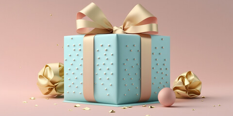 3D gift box, gold ribbon bow on blue pastel background. Present mockup for cosmetic product . Realistic gift with confetti . Copy space banner Birthday, valentine or Christmas 3d render
