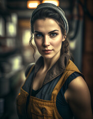 Beautiful young woman wearing factory worker costume