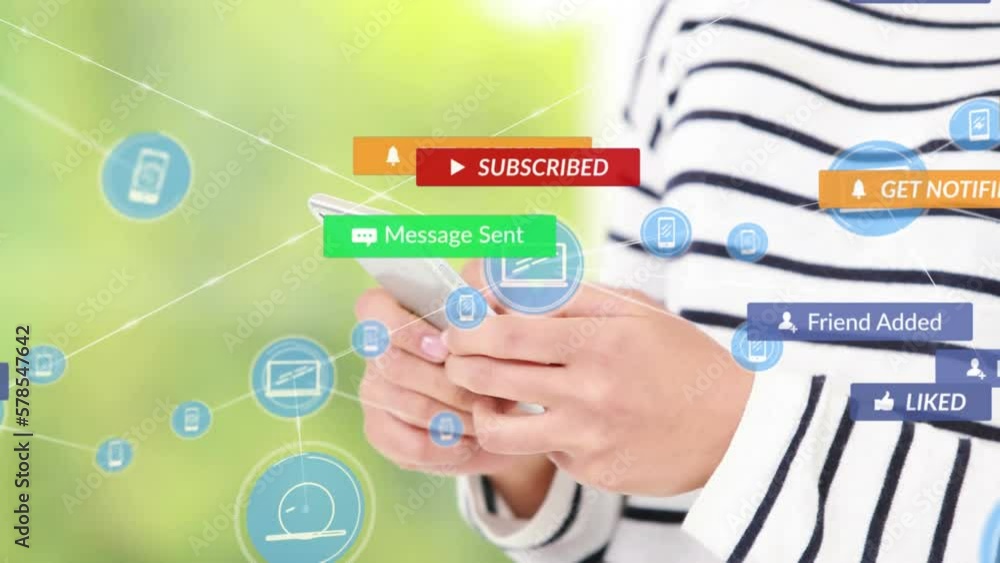 Poster animation of connected icons with notifications over midsection of caucasian woman using cellphone