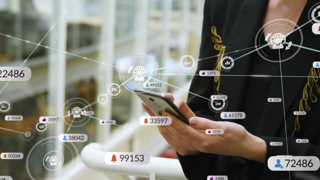 Animation of connected dots with notification over midsection of businesswoman using cellphone