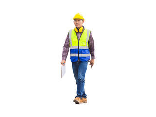 Foreman dock worker in hardhat and safety vest, Engineer man with clipboard checklist