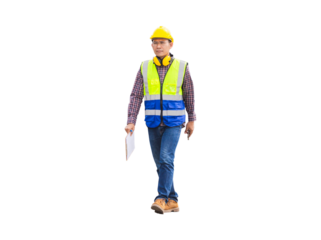 Foreman dock worker in hardhat and safety vest, Engineer man with clipboard checklist