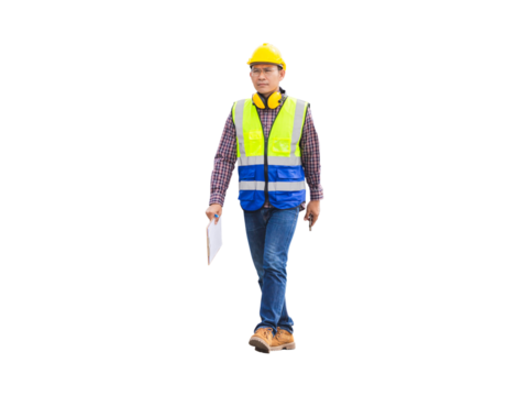 Foreman dock worker in hardhat and safety vest, Engineer man with clipboard checklist