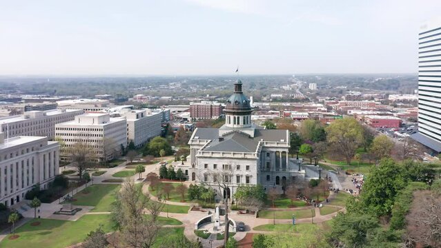 Aerial establishing shot of the South Carolina State House in Columbia. The South Carolina State House is the building housing the government of the U.S. state of South Carolina