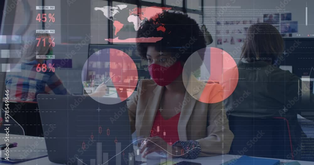 Poster animation of data processing over diverse business people with face masks in office